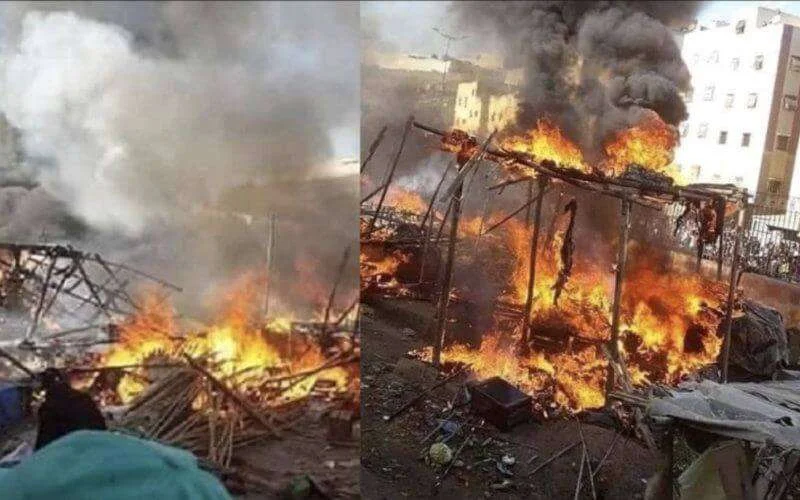 Brand in markt in Fez, brandweer aangevallen